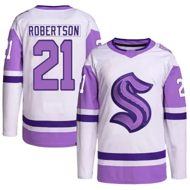 Authentic Tucker Robertson White/Purple Seattle Kraken Hockey Fights Cancer Primegreen Jersey - Men's