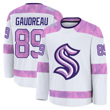 Premium Frederick Gaudreau White Seattle Kraken 2024 Hockey Fights Cancer Practice Jersey - Youth