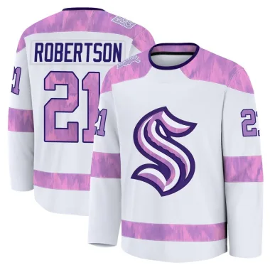 Premium Tucker Robertson White Seattle Kraken 2024 Hockey Fights Cancer Practice Jersey - Men's
